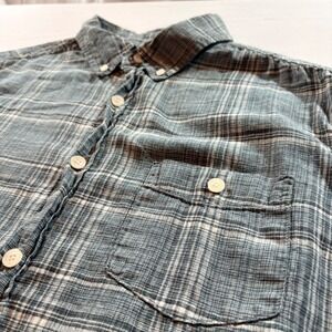 Weatherproof Vintage Mens Large Blue Plaid Linen Cotton Short Sleeve Shirt